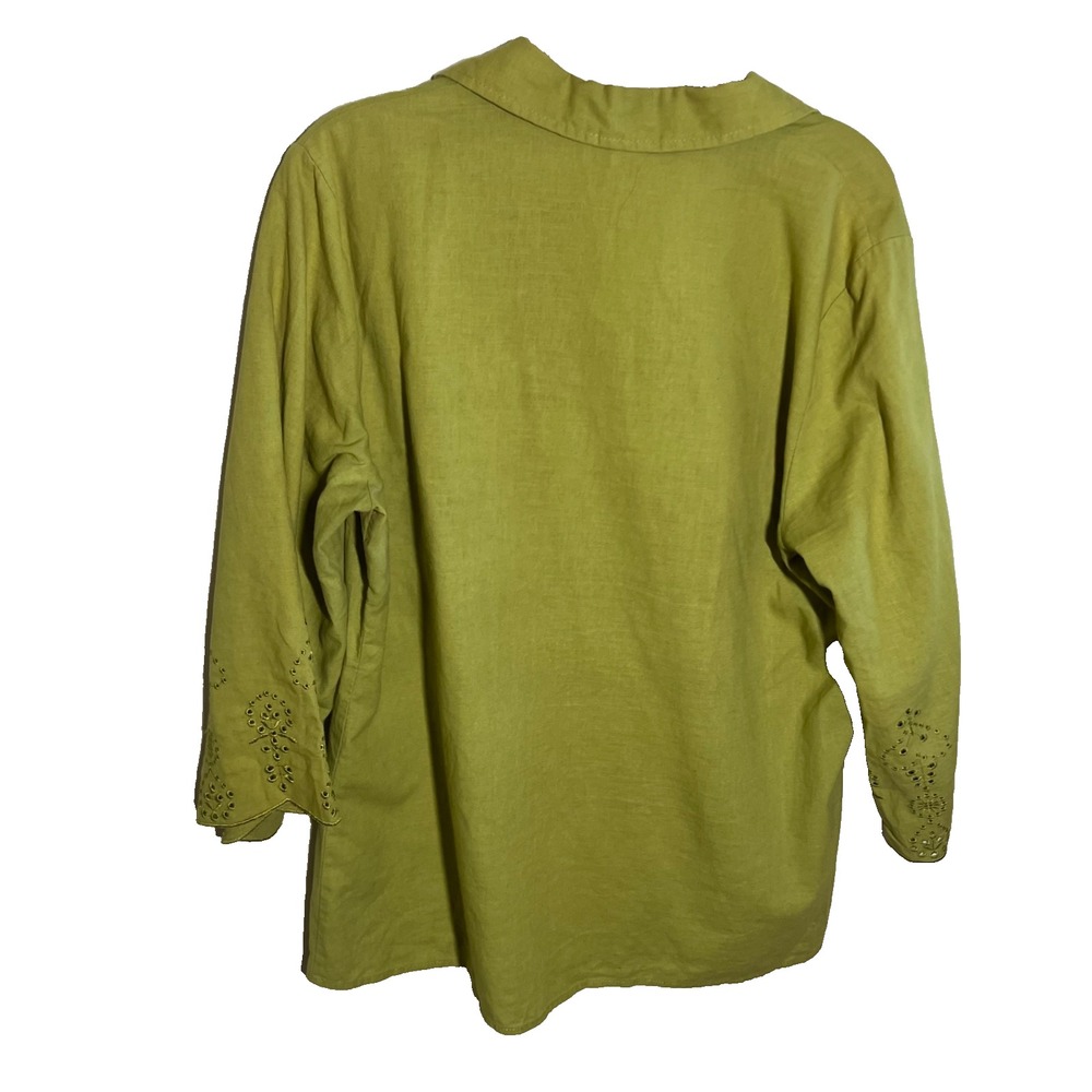 ZOE D. Women's Linen Blend Button Up M Lime Green Embroidered Crochet Resort - Picture 2 of 5